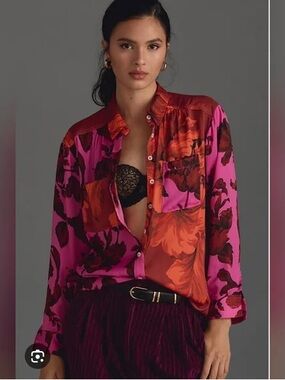 Anthropologie Brielle Contrast Floral Button Down Blouse L Pink Red Boho